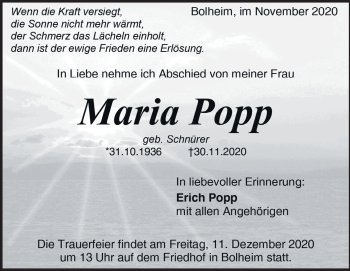 Traueranzeige von Maria Popp von Heidenheimer Zeitung