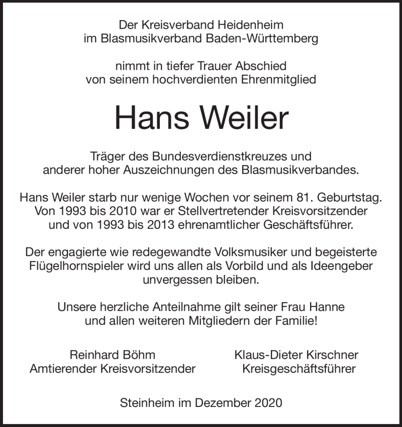  Traueranzeige für Hans Weiler vom 12.12.2020 aus Heidenheimer Zeitung