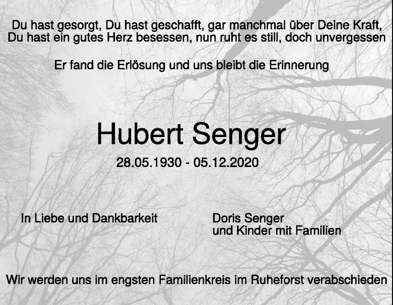  Traueranzeige für Hubert Senger vom 10.12.2020 aus Heidenheimer Zeitung