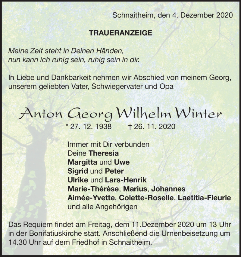  Traueranzeige für Anton Georg Wilhelm Winter vom 04.12.2020 aus Heidenheimer Zeitung