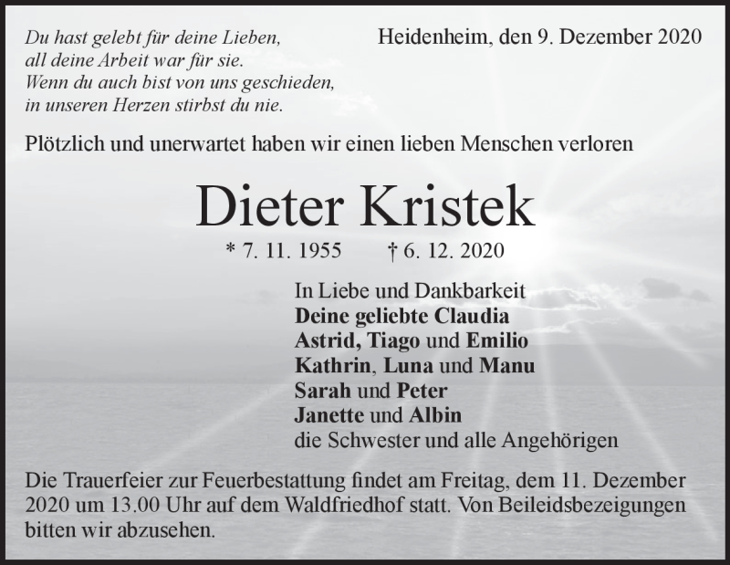  Traueranzeige für Dieter Kristek vom 09.12.2020 aus Heidenheimer Zeitung