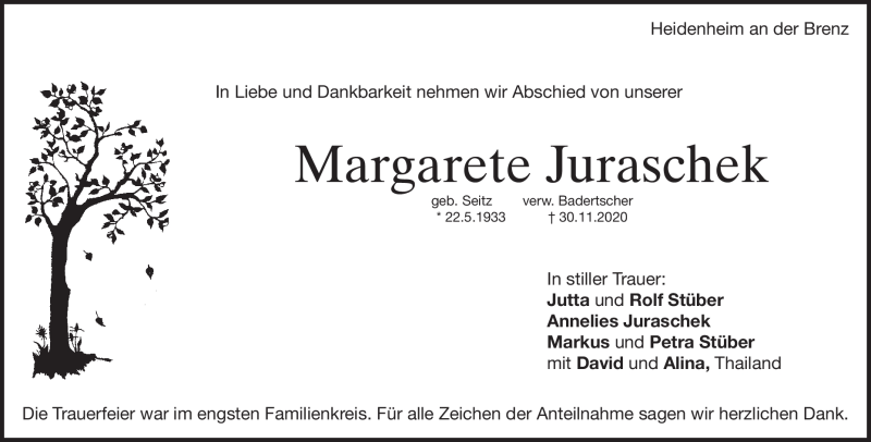  Traueranzeige für Margarete Juraschek vom 09.12.2020 aus Heidenheimer Zeitung