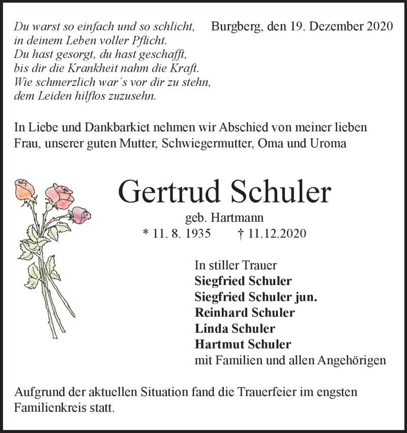  Traueranzeige für Gertrud Schuler vom 19.12.2020 aus Heidenheimer Zeitung