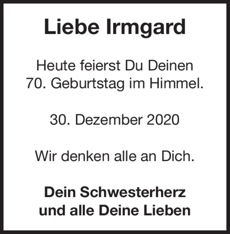  Traueranzeige für Irmgard  Hug vom 30.12.2020 aus Heidenheimer Zeitung