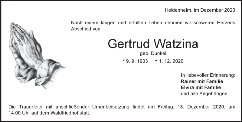  Traueranzeige für Gertrud Watzina vom 15.12.2020 aus Heidenheimer Zeitung