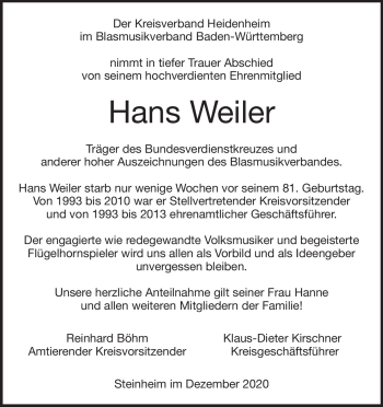 Traueranzeige von Hans Weiler von Heidenheimer Zeitung