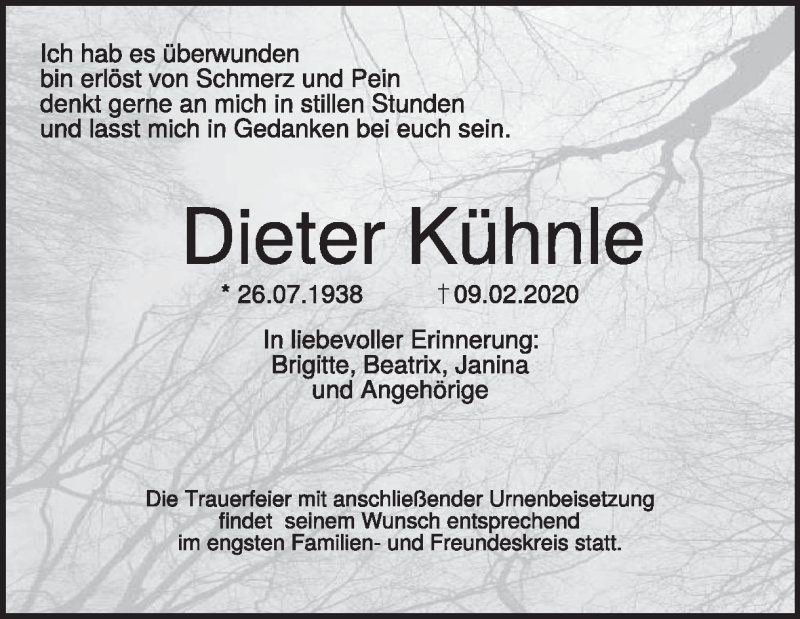 Traueranzeige für Dieter Kühnle vom 15.02.2020 aus Heidenheimer Zeitung