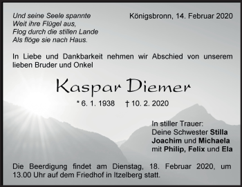 Traueranzeige von Kaspar Diemer von Heidenheimer Zeitung
