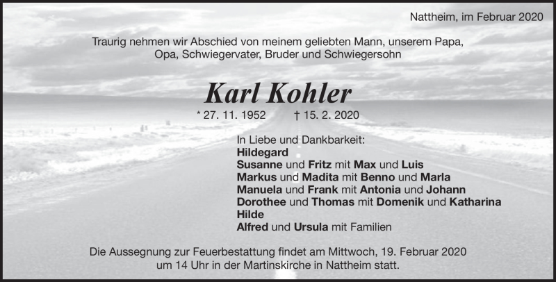  Traueranzeige für Karl Kohler vom 18.02.2020 aus Heidenheimer Zeitung
