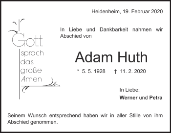 Traueranzeige von Adam Huth von Heidenheimer Zeitung
