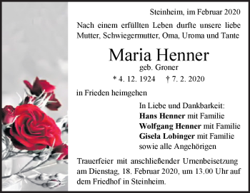 Traueranzeige von Maria Henner von Heidenheimer Zeitung
