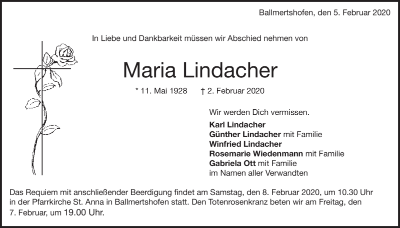  Traueranzeige für Maria Lindacher vom 05.02.2020 aus Heidenheimer Zeitung
