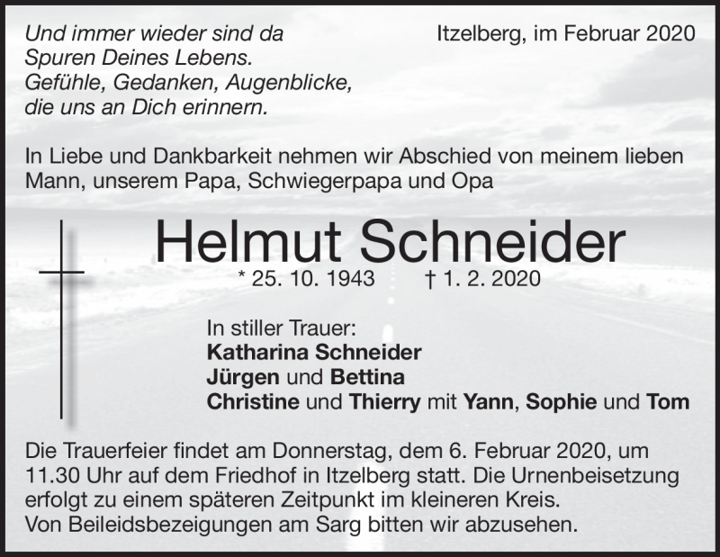  Traueranzeige für Helmut Schneider vom 04.02.2020 aus Heidenheimer Zeitung