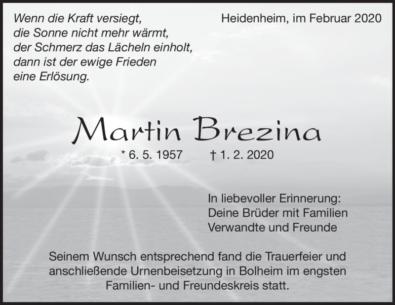  Traueranzeige für Martin Brezina vom 21.02.2020 aus Heidenheimer Zeitung
