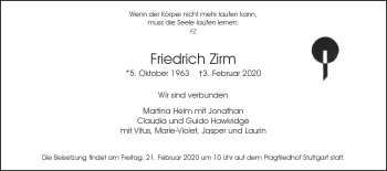 Traueranzeige von Friedrich  Zirm von Heidenheimer Zeitung
