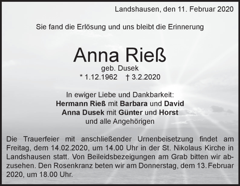  Traueranzeige für Anna Rieß vom 11.02.2020 aus Heidenheimer Zeitung