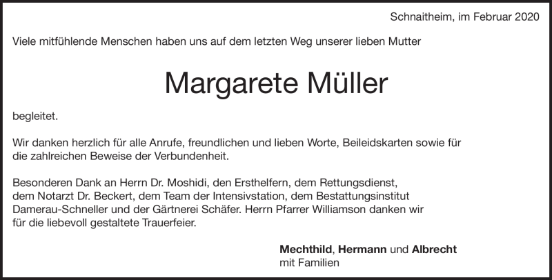  Traueranzeige für Margarete Müller vom 22.02.2020 aus Heidenheimer Zeitung