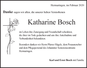 Traueranzeige von Katharine Bosch von Heidenheimer Zeitung