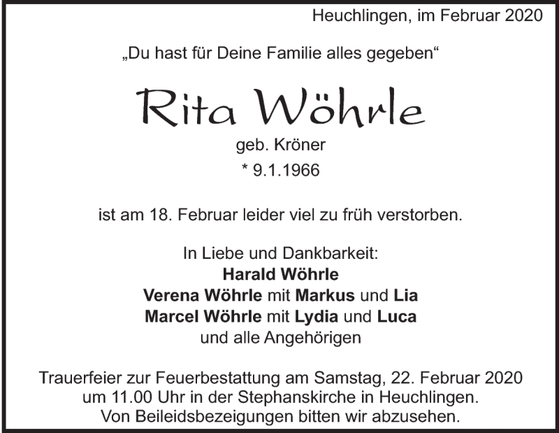  Traueranzeige für Rita Wöhrle vom 20.02.2020 aus Heidenheimer Zeitung