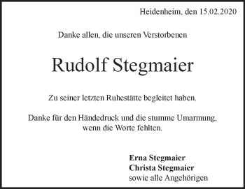 Traueranzeige von Rudolf Stegmaier von Heidenheimer Zeitung