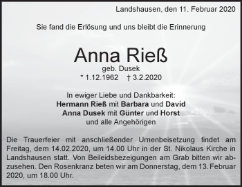 Traueranzeige von Anna Rieß von Heidenheimer Zeitung