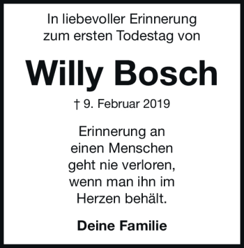 Traueranzeige von Willy Bosch von Heidenheimer Zeitung