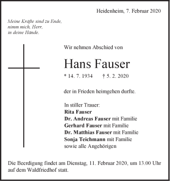 Traueranzeige von Hans Fauser von Heidenheimer Zeitung