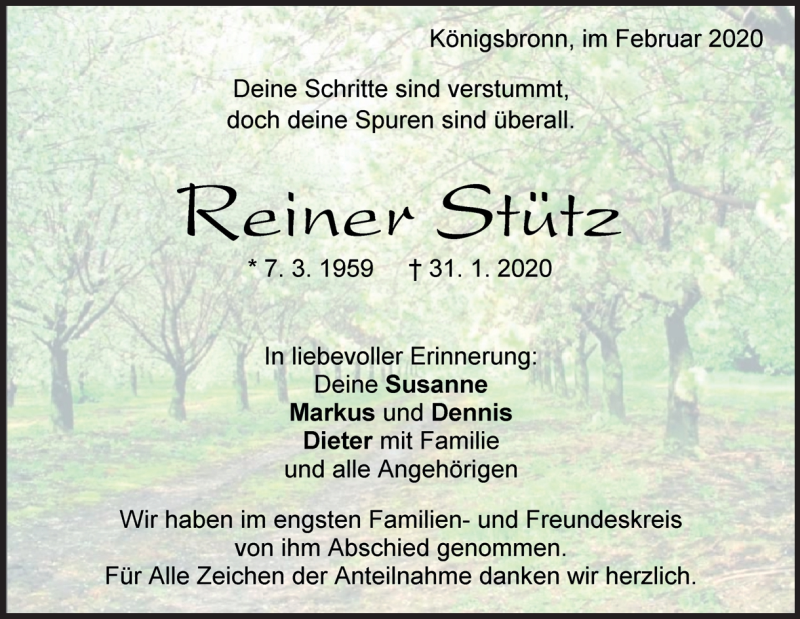  Traueranzeige für Reiner Stütz vom 19.02.2020 aus Heidenheimer Zeitung