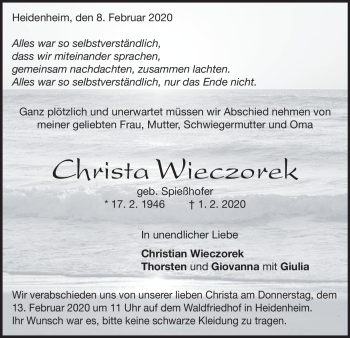 Traueranzeige von Christa Wieczorek von Heidenheimer Zeitung