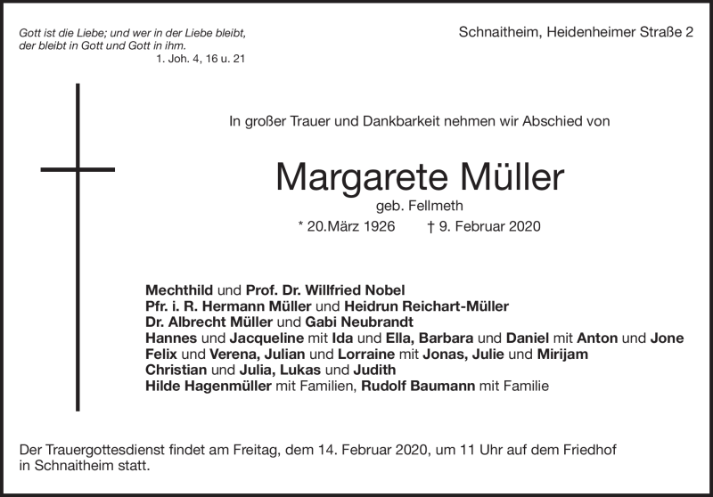  Traueranzeige für Margarete Müller vom 12.02.2020 aus Heidenheimer Zeitung