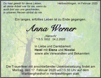 Traueranzeige von Anna Werner von Heidenheimer Zeitung