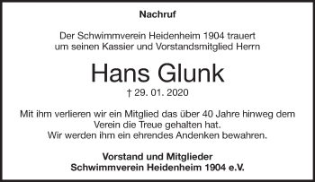 Traueranzeige von Hans Glunk von Heidenheimer Zeitung