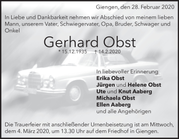 Traueranzeige von Gerhard Obst von Heidenheimer Zeitung