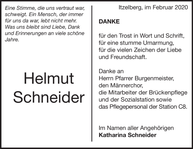  Traueranzeige für Helmut Schneider vom 13.02.2020 aus Heidenheimer Zeitung