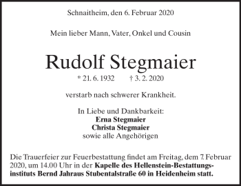 Traueranzeige von Rudolf Stegmaier von Heidenheimer Zeitung