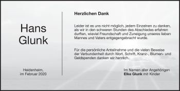 Traueranzeige von Hans Glunk von Heidenheimer Zeitung