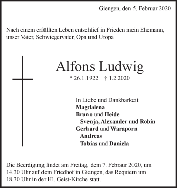 Traueranzeige von Alfons Ludwig von Heidenheimer Zeitung