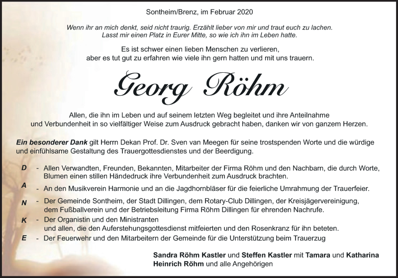  Traueranzeige für Georg Röhm vom 27.02.2020 aus Heidenheimer Zeitung
