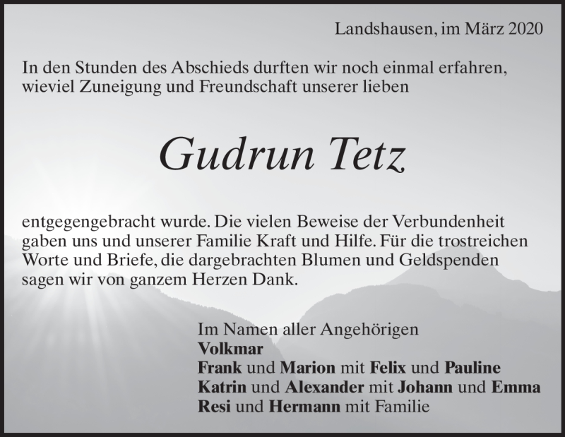  Traueranzeige für Gudrun Tetz vom 12.03.2020 aus Heidenheimer Zeitung