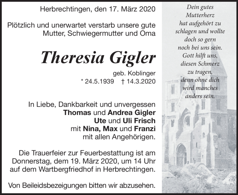  Traueranzeige für Theresia Gigler vom 17.03.2020 aus Heidenheimer Zeitung