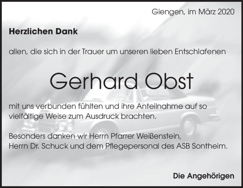  Traueranzeige für Gerhard Obst vom 12.03.2020 aus Heidenheimer Zeitung