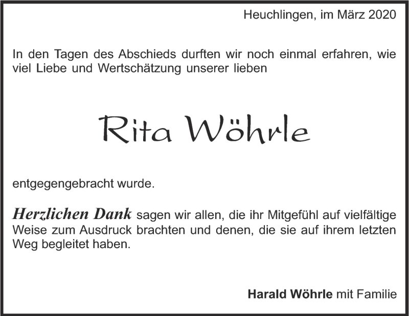  Traueranzeige für Rita Wöhrle vom 09.03.2020 aus Heidenheimer Zeitung