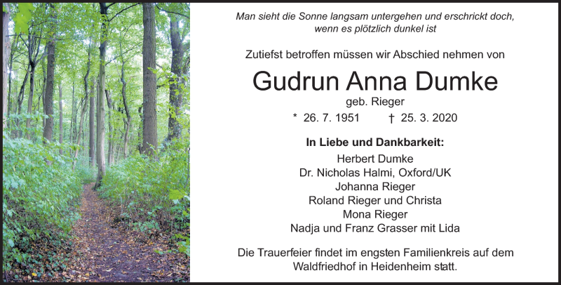  Traueranzeige für Gudrun Anna Dumke vom 28.03.2020 aus Heidenheimer Zeitung