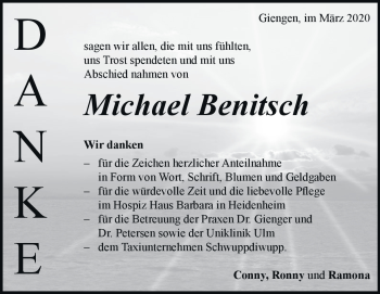 Traueranzeige von Michael Benitsch von Heidenheimer Zeitung