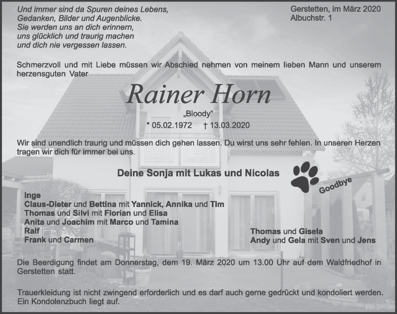  Traueranzeige für Rainer Horn vom 17.03.2020 aus Heidenheimer Zeitung