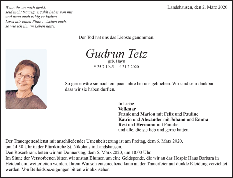  Traueranzeige für Gudrun Tetz vom 02.03.2020 aus Heidenheimer Zeitung