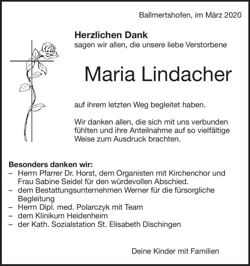  Traueranzeige für Maria Lindacher vom 07.03.2020 aus Heidenheimer Zeitung