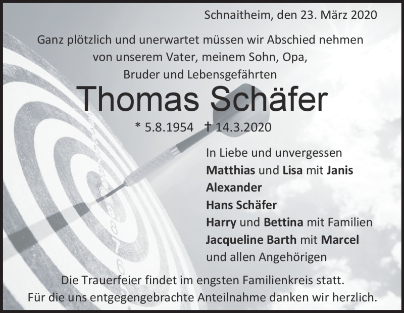 Traueranzeige für Thomas Schäfer vom 24.03.2020 aus Heidenheimer Zeitung