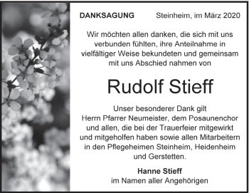 Traueranzeige von Rudolf Stieff von Heidenheimer Zeitung
