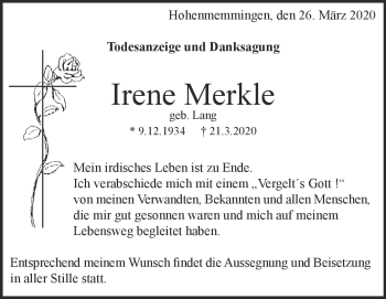 Traueranzeige von Irene Merkle von Heidenheimer Zeitung